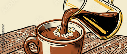 Hot black coffee pouring from a glass pot into a large brown mug, a vintage-style illustration with hand-drawn lines, a limited color palette, and pop art halftone details