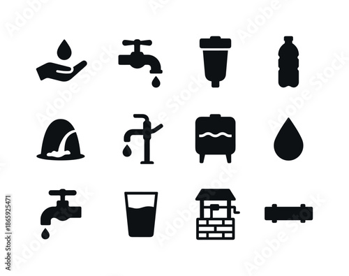 Clean Water Icons. Clean water access. Solid icon set of Clean water access: hand with droplet, faucet, filter, bottle, water source, pump, tank, droplet, tap