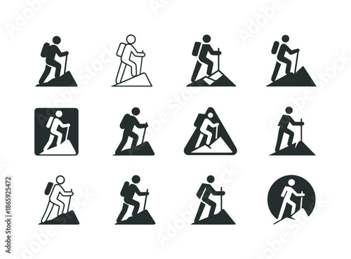 Mountain Hiking Logos. Hiking up a mountain. Icon set. Set Logo of hiking up a mountain: hiker silhouette with trekking poles. harmonious logo variations of