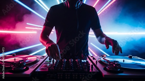 DJ performing at a vibrant nightclub with neon lights and smoke.
