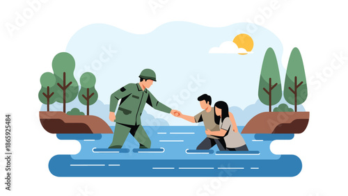 Soldier assisting refugees crossing river, vector illustration expressing humanitarian military service, compassion, protection, rescue effort, and support for displaced civilians