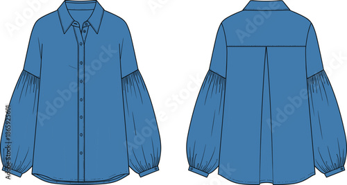 Blouse fashion sketch, technical garment illustration, classic collar, bishop sleeves, box pleat back, curved hem, CAD drawing flat vector illustration