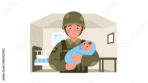 Military soldier holding newborn during evacuation, flat vector illustration highlighting humanity, compassion, protection of life, and humanitarian care in emergency military operations