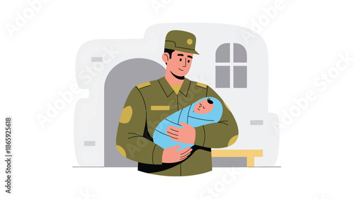 Military soldier holding newborn during evacuation, flat vector illustration highlighting humanity, compassion, protection of life, and humanitarian care in emergency military operations