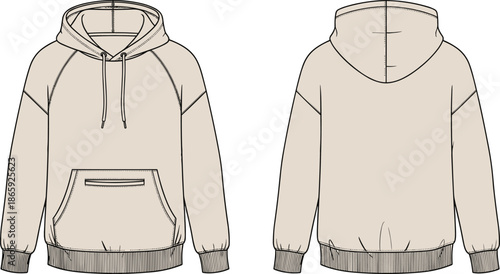 Beige hoodie technical sketch, kangaroo pocket zipper, raglan sleeve, drawstring hood, CAD drawing, flat vector illustration, fashion design
