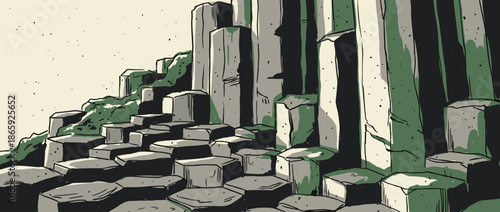 Hand-drawn graphic of a geological rock formation with interlocking hexagonal basalt pillars, rendered in a stylized comic art style with strong shadows and a muted color palette