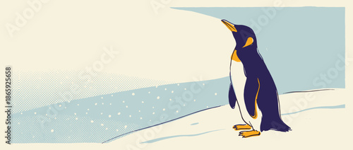 Stylized illustrated penguin stands alone on a snowy hill looking up during a gentle snowfall in a minimalist, retro comic book art style with a halftone pattern