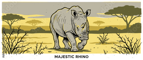 Stylized illustration of a powerful rhinoceros walking through a dry savanna landscape with acacia trees in a graphic comic book art style