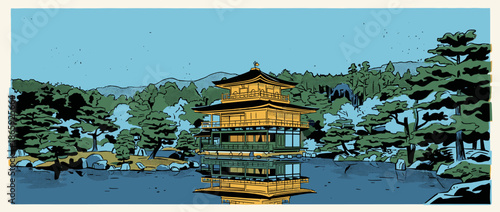 Golden traditional East Asian temple pavilion reflects in a calm pond surrounded by a dense green forest, rendered in a bold graphic novel illustration style with halftone textures