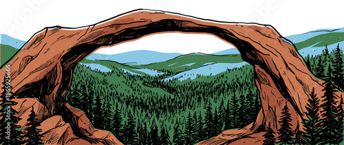 Large natural rock arch illustration with bold outlines frames a scenic landscape of a vast pine forest and distant blue hills in a graphic comic book style