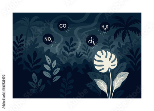 Tropical Plant Harmony. Rainforest resilience. Tropical plants glowing as they break down pollutants; floating chemical icons dissolving in humid air. Curved