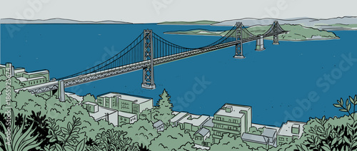 Large suspension bridge illustration spanning a wide blue bay with a coastal cityscape and lush green foliage viewed from a high angle in a graphic novel art style