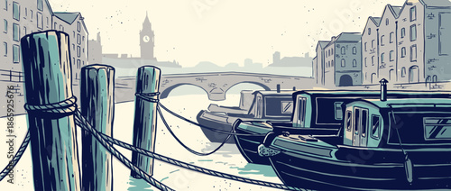 Canal boats moored along a wooden dock in a historic European city with a distant clock tower, rendered in a moody, graphic novel illustration style with a cool color palette
