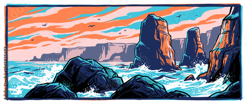 Illustrated rocky coastline with dramatic sea stacks standing in a rough ocean under a vibrant orange and pink sunset sky in a bold graphic style