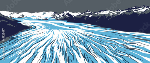 Vast blue and white glacier flows through a dramatic mountain range in a stylized vector illustration showing the immense scale of the arctic landscape