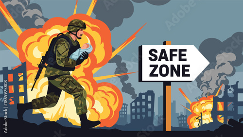 Military soldier holding newborn during evacuation, flat vector illustration highlighting humanity, compassion, protection of life, and humanitarian care in emergency military operations