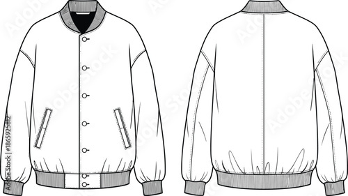 Bomber jacket technical sketch, fashion flat drawing, front and back view, vector illustration, apparel design, garment construction, CAD template