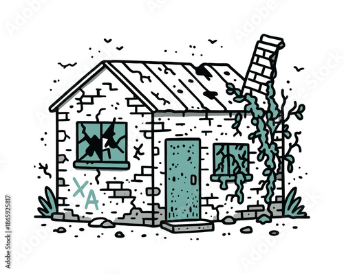 Dilapidated Urban Factory. Abandoned Factory. Hand-drawn doodle illustration Abandoned Factory broken window (accented #7cada3), cracked wall, rusted door