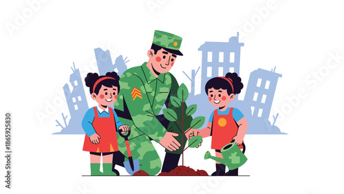 Soldiers planting trees with children, flat vector illustration symbolizing humanitarian military role in rebuilding, environmental recovery, peace, and hope for future generations
