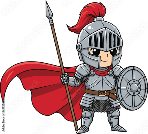 Cute chibi medieval knight cartoon illustration with armor shield spear and flowing red cape isolated on white background fantasy character