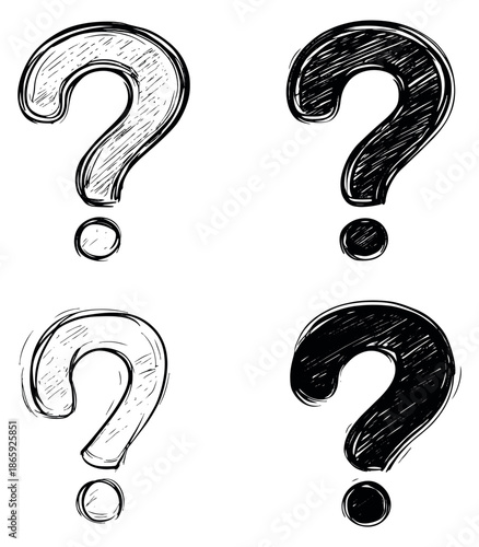 Hand drawn question mark set featuring hatched and solid designs for expressing inquiry