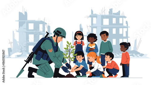 Soldiers planting trees with children, flat vector illustration symbolizing humanitarian military role in rebuilding, environmental recovery, peace, and hope for future generations