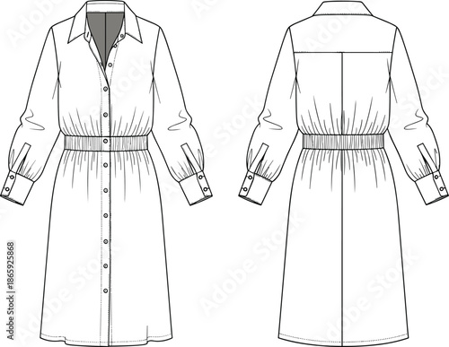 Button-down dress fashion sketch, technical garment illustration, collared neckline, belted waist, pleated sleeve detail, CAD drawing flat vector illustration