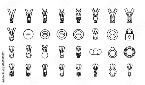 32 zipper puller and lock vector icons set for web and app, simple outline illustration