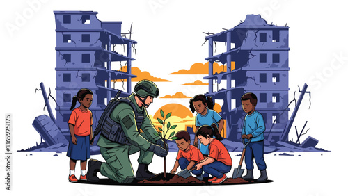 Soldiers planting trees with children, flat vector illustration symbolizing humanitarian military role in rebuilding, environmental recovery, peace, and hope for future generations