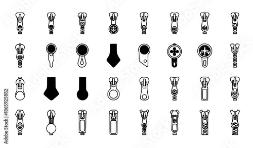 Flat zipper puller and button lock vector icon set, 32 simple web and print illustrations