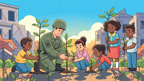 Soldiers planting trees with children, flat vector illustration symbolizing humanitarian military role in rebuilding, environmental recovery, peace, and hope for future generations