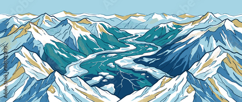 Stylized panoramic illustration of a mountain range with a winding river and ice floes, depicted in a cool blue and gold palette with bold outlines and halftone dot patterns