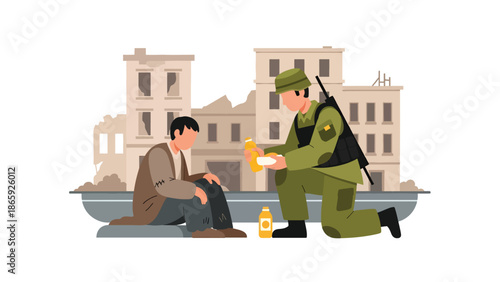 Soldier sharing food with homeless civilian, flat vector illustration highlighting humanity in military service, compassion, kindness, and social responsibility in urban environments