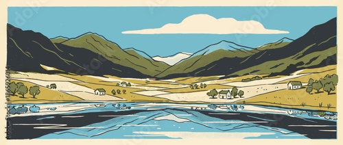 Stylized landscape illustration of a serene mountain valley with a reflective lake, rolling hills, and small rural houses in a retro linocut print style with halftone textures