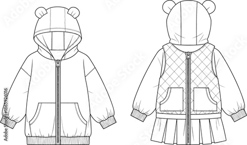 Children’s hooded jacket technical sketch, bear ear hoodie, CAD drawing, flat vector illustration, fashion design, garment construction, kids apparel