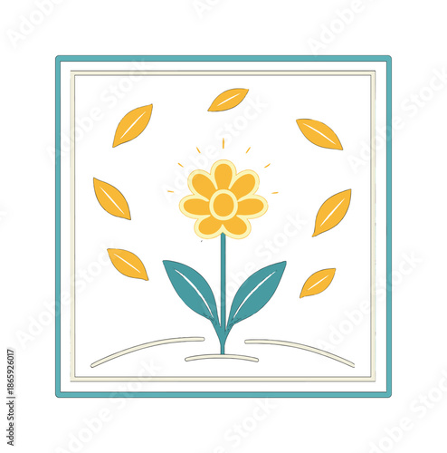 Lone Flower Celebration. First bloom. A lone flower glows at the center; drifting leaves circle like quiet celebration. Calm lines frame the scene. Modern