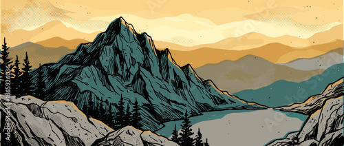 Stylized mountain landscape illustration with a jagged peak, serene lake, and pine forest in a retro comic book art style with halftone textures and a warm sunset sky
