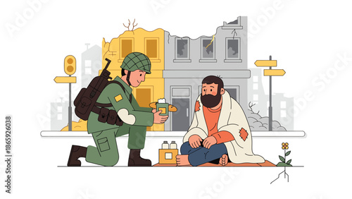 Soldier sharing food with homeless civilian, flat vector illustration highlighting humanity in military service, compassion, kindness, and social responsibility in urban environments