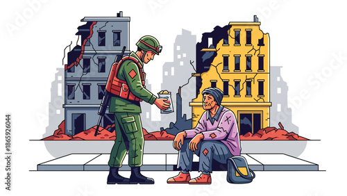 Soldier sharing food with homeless civilian, flat vector illustration highlighting humanity in military service, compassion, kindness, and social responsibility in urban environments