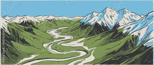 Vintage mountain range illustration with a meandering river flowing through a lush green valley, depicted in a retro comic book art style with bold lines and halftone dots