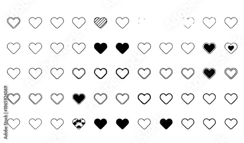 Flat heart shapes vector icon set, 50 simple love and romantic illustrations for web and print