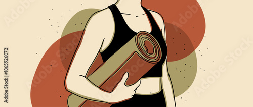 Fit woman in a black sports bra holds a rolled yoga mat in a minimalist graphic illustration with abstract shapes and a warm, earthy color palette
