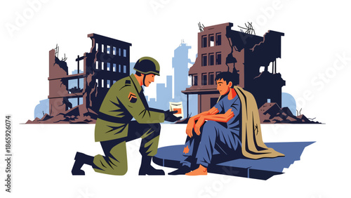 Soldier sharing food with homeless civilian, flat vector illustration highlighting humanity in military service, compassion, kindness, and social responsibility in urban environments