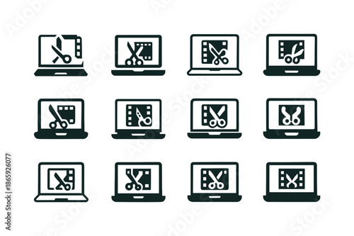 Laptop Video Editing Icons. Editing videos on a laptop. Icon set. Set Logo of editing videos on a laptop: video editing scissors and film strip. harmonious