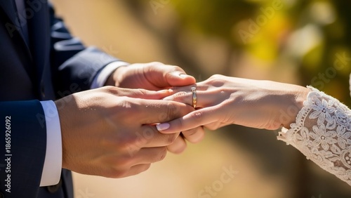 Groom places wedding ring on brides finger during outdoor ceremony.