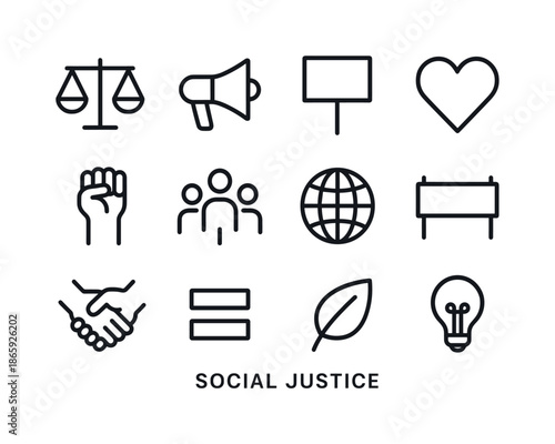 Social Justice Icons. Social justice. Line icon set of Social justice: scales, megaphone, protest sign, heart, raised fist, people group, globe, banner,