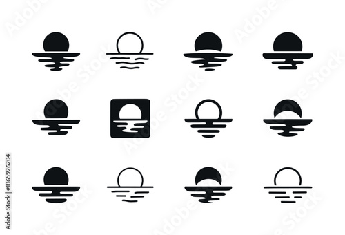 Serenity Logo Variations. calm water reflecting a peaceful sky, symbolizing spiritual serenity. Icon set. Set Logo of calm water reflecting a peaceful sky,