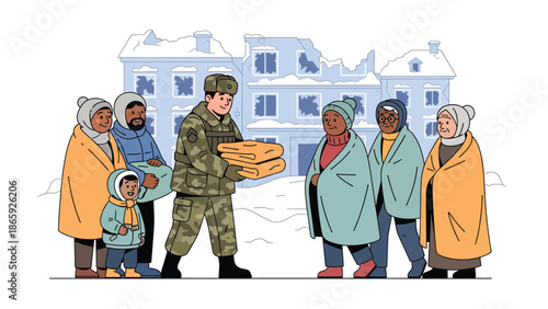Soldiers distributing blankets in winter relief mission, flat vector illustration emphasizing humanitarian care, compassion, crisis response, and military support for vulnerable civilians