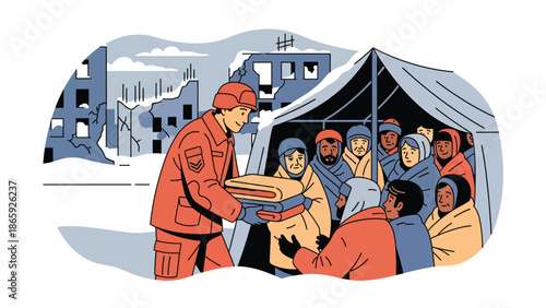 Soldiers distributing blankets in winter relief mission, flat vector illustration emphasizing humanitarian care, compassion, crisis response, and military support for vulnerable civilians