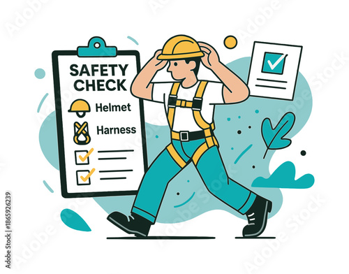 Worker Safety Check. Protective gear check. A worker adjusts helmet and harness with floating safety checklist elements around. Modern flat-line illustration,
